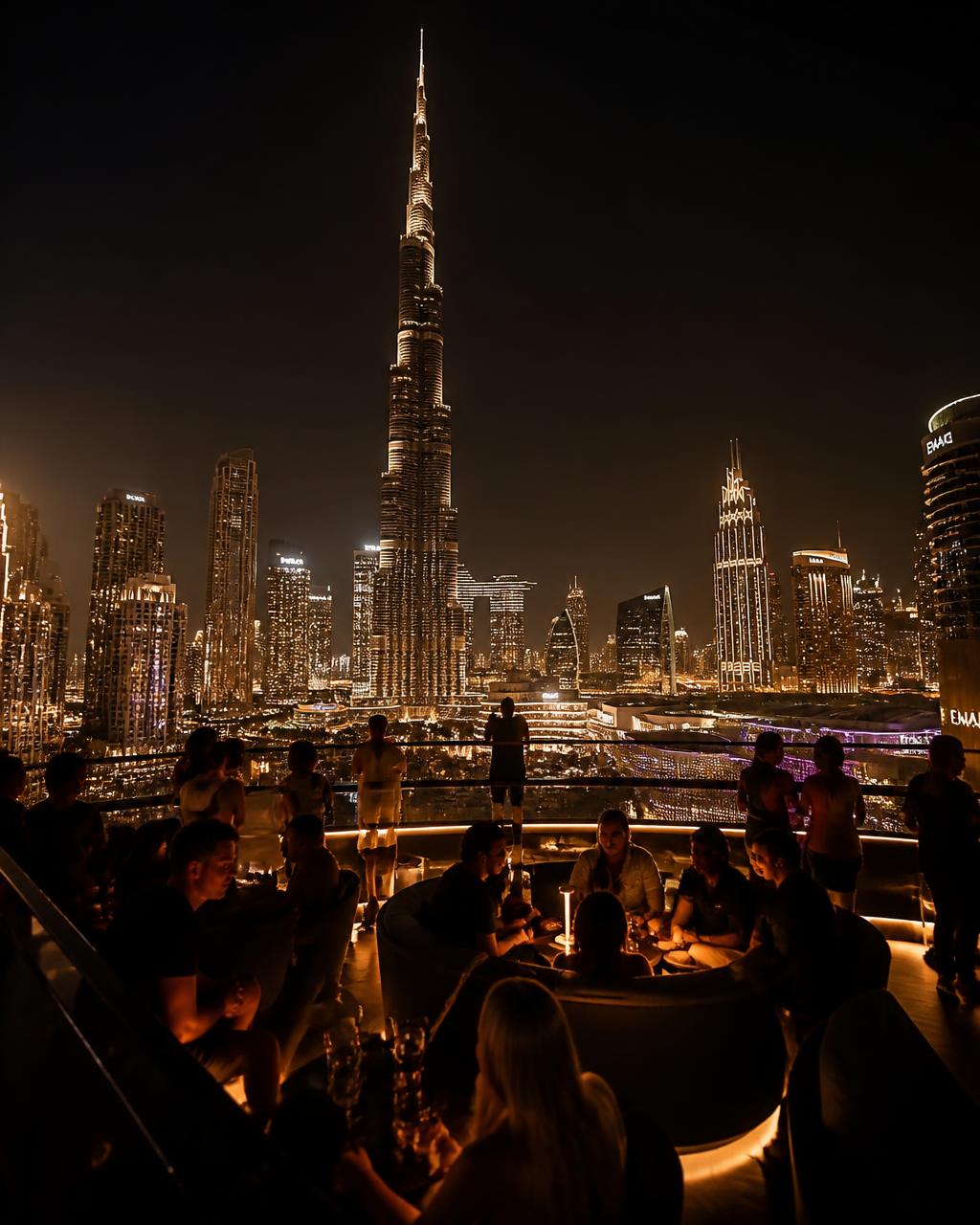 Dubai skyline at night from the club terrace